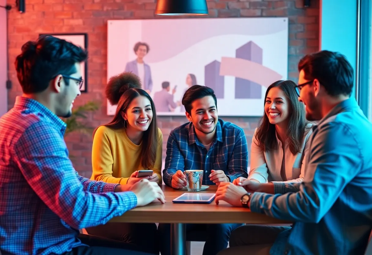Marketing team discussing emotional marketing strategies in a modern office.