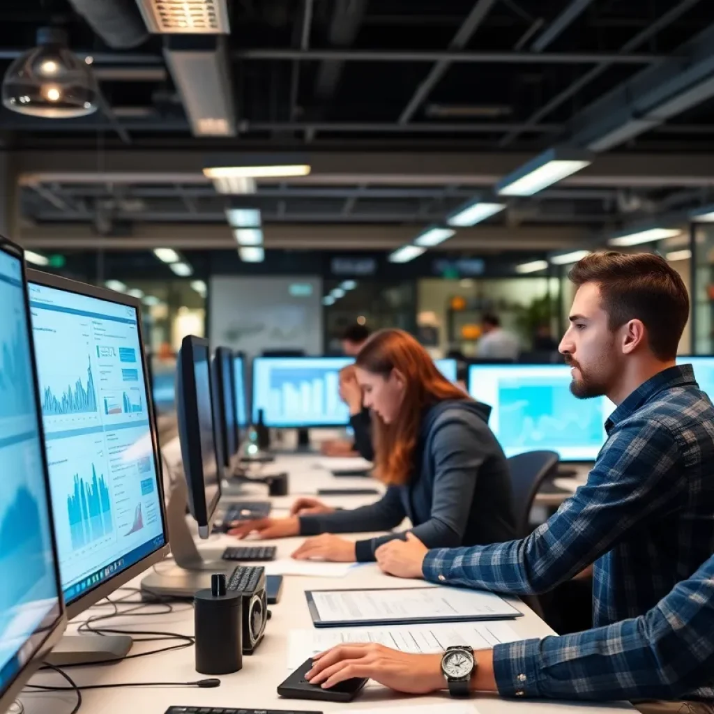 Engineers collaborating in a tech office environment with AI technology.