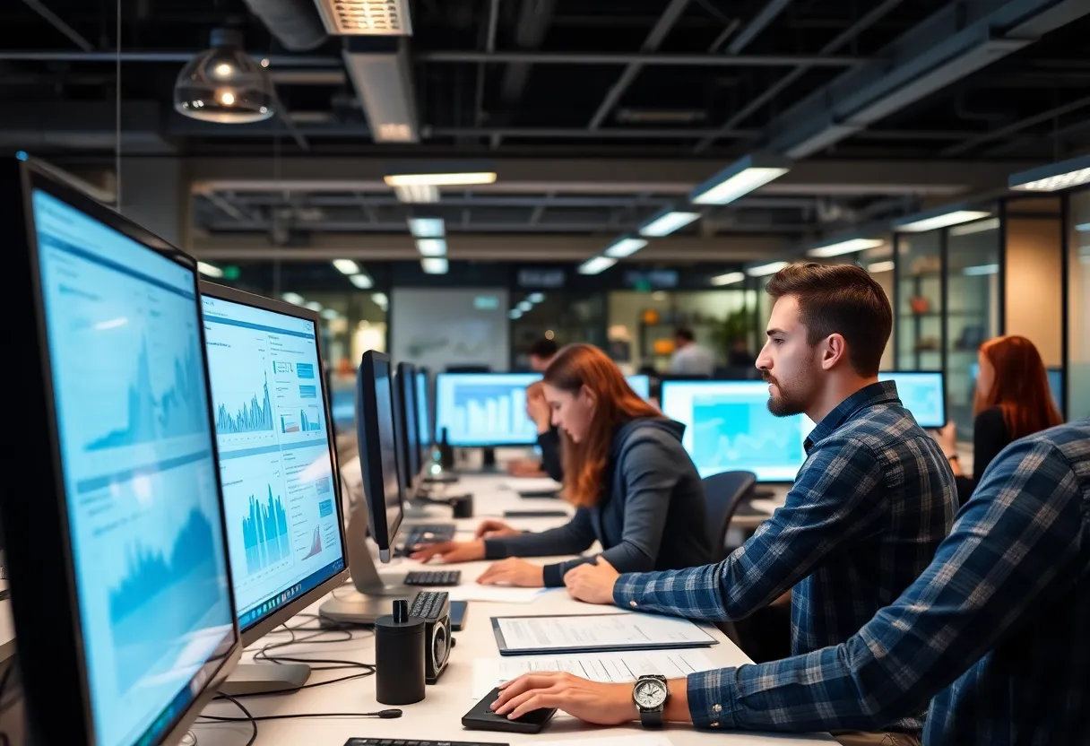Engineers collaborating in a tech office environment with AI technology.