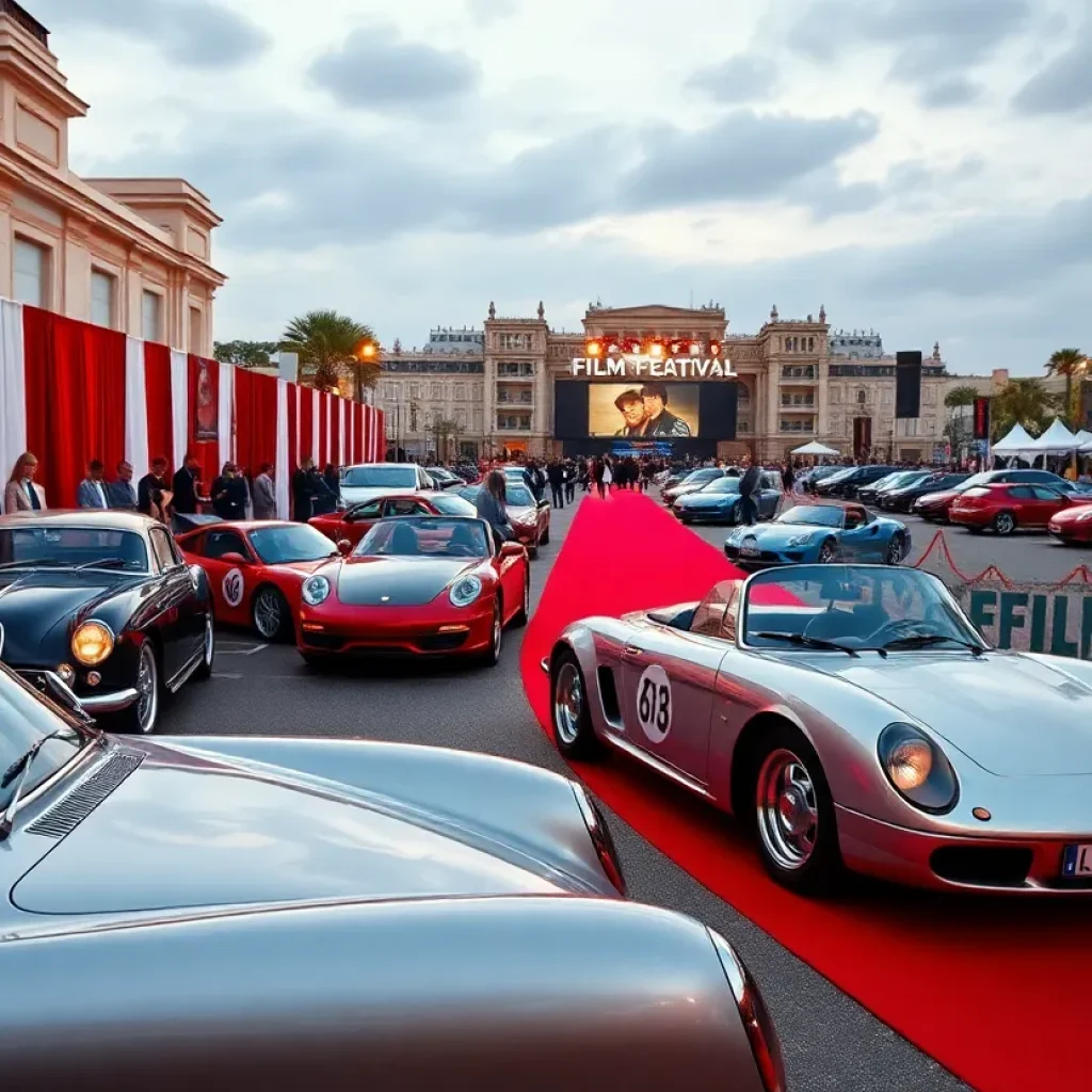 Red carpet event with classic and exotic cars at a film festival