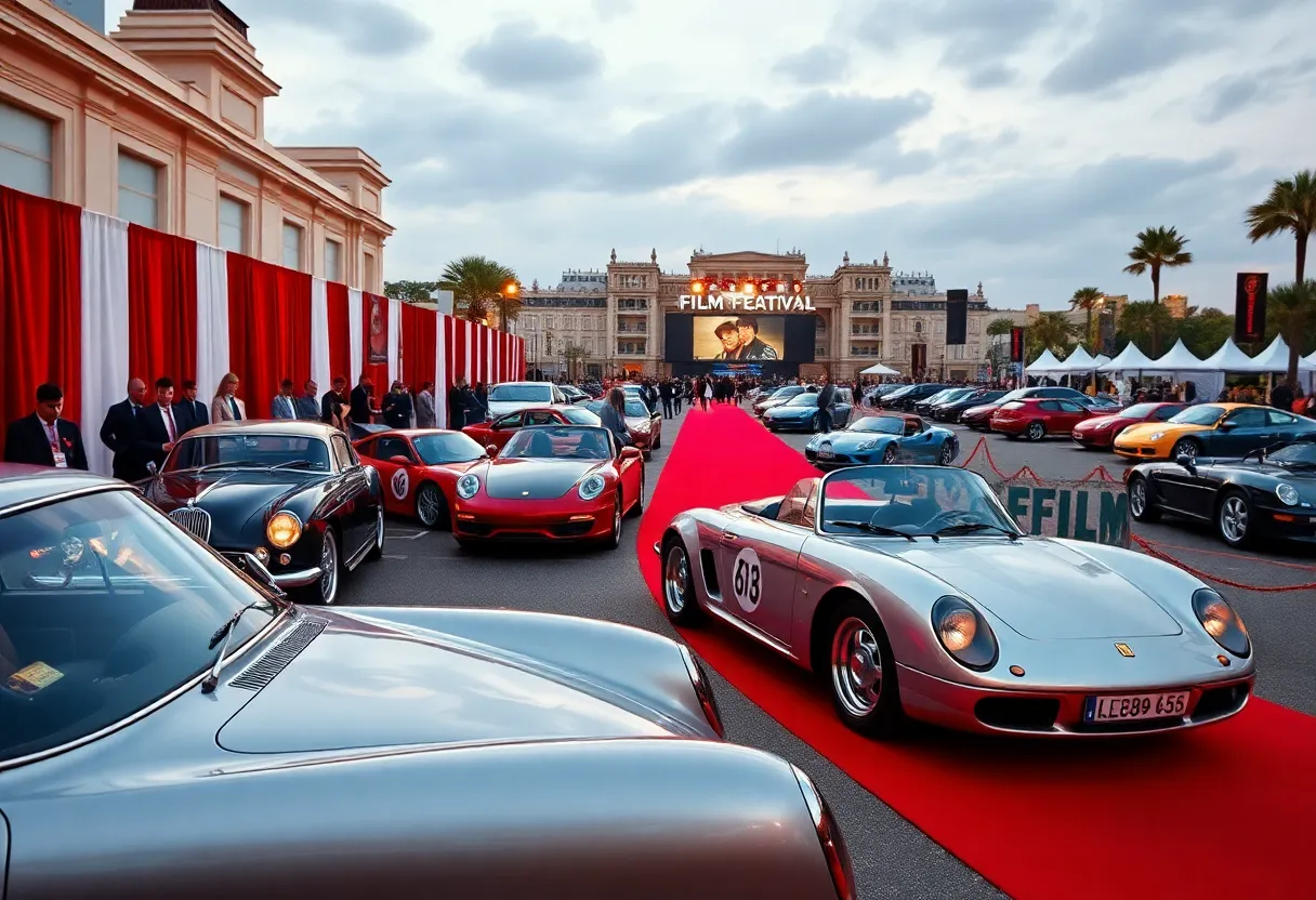 Red carpet event with classic and exotic cars at a film festival