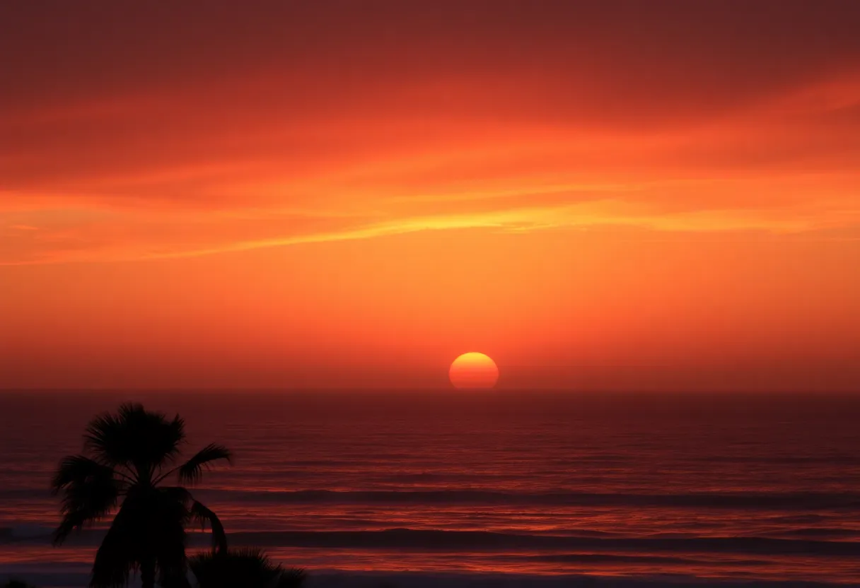 A stunning hazy sunset at Hilton Head, featuring vibrant red colors in the sky and serene ocean waves.