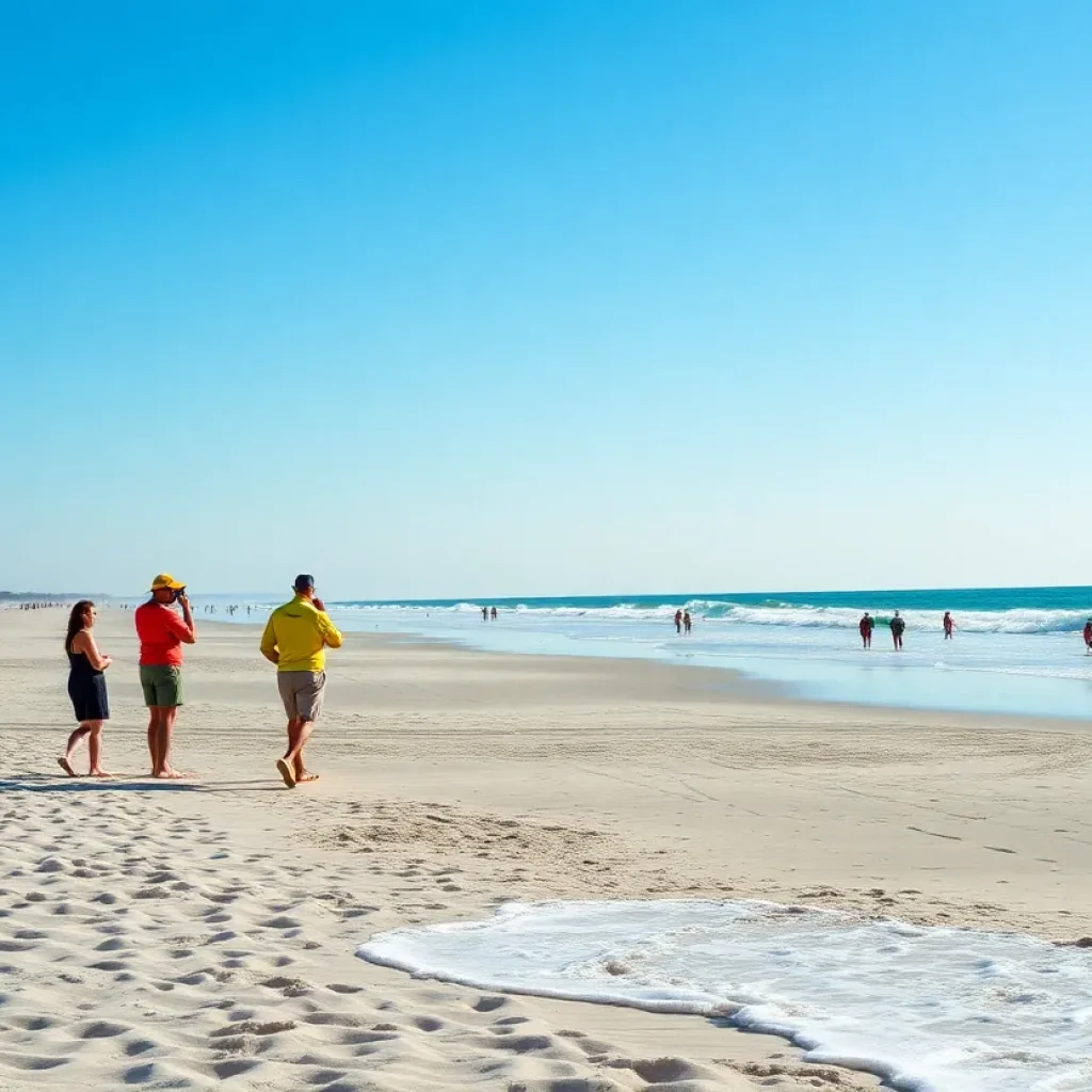 Lifeguards on duty at Hilton Head Island beach with ocean waves in the background.