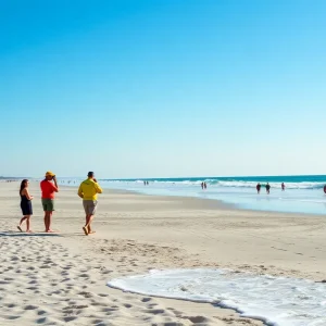 Lifeguards on duty at Hilton Head Island beach with ocean waves in the background.