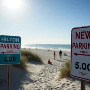 Scenic view of Hilton Head beach with parking signs