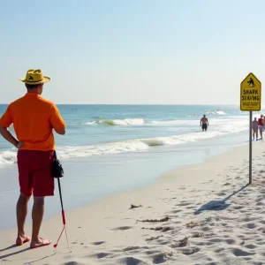 A beach scene at Hilton Head Island with lifeguards monitoring the water.