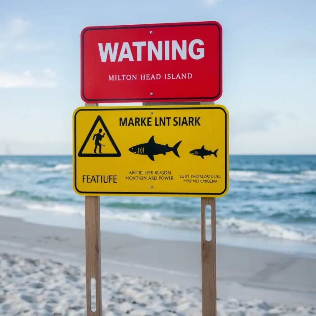 Lifeguard tower and shark warning sign at Hilton Head beach