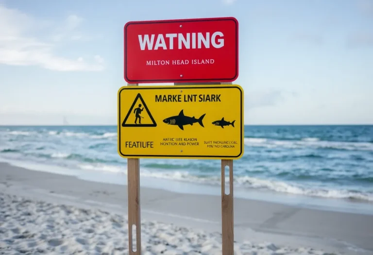 Lifeguard tower and shark warning sign at Hilton Head beach