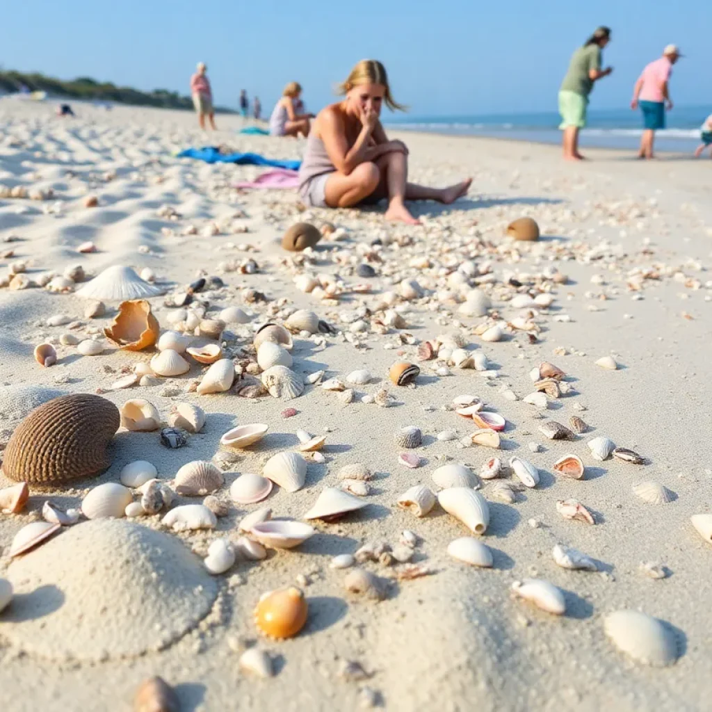 Beachgoers collecting seashells on Hilton Head beach