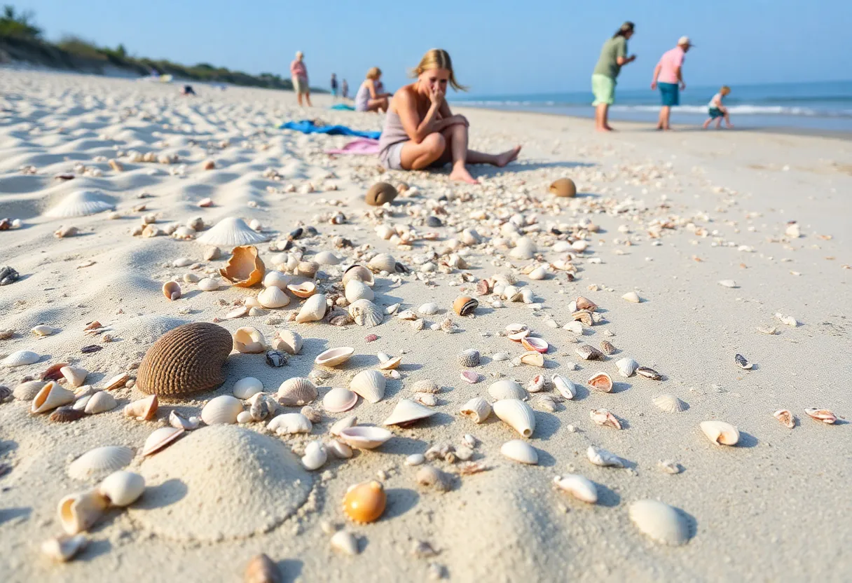 Beachgoers collecting seashells on Hilton Head beach