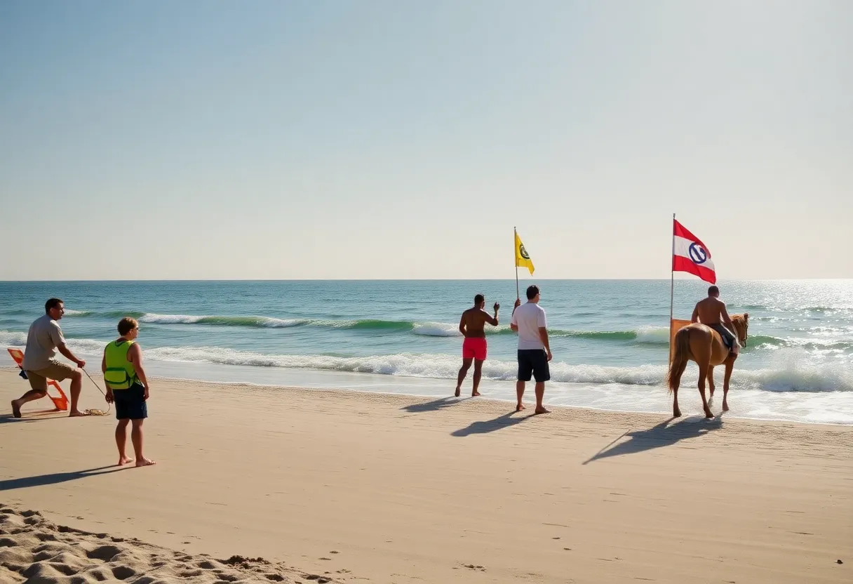 Beachgoers at Sea Pines Beach, Hilton Head Island with a caution sign about sharks.