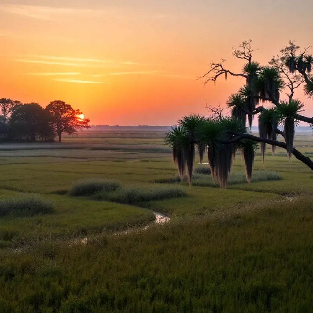 Peaceful landscape of Hilton Head Island showcasing marshes and sunrise.