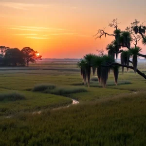 Peaceful landscape of Hilton Head Island showcasing marshes and sunrise.