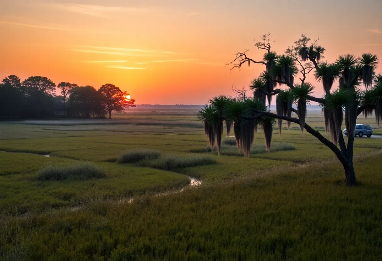 Peaceful landscape of Hilton Head Island showcasing marshes and sunrise.