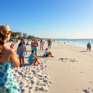 Beachgoers enjoying a sunny day on Hilton Head Island with visible safety measures