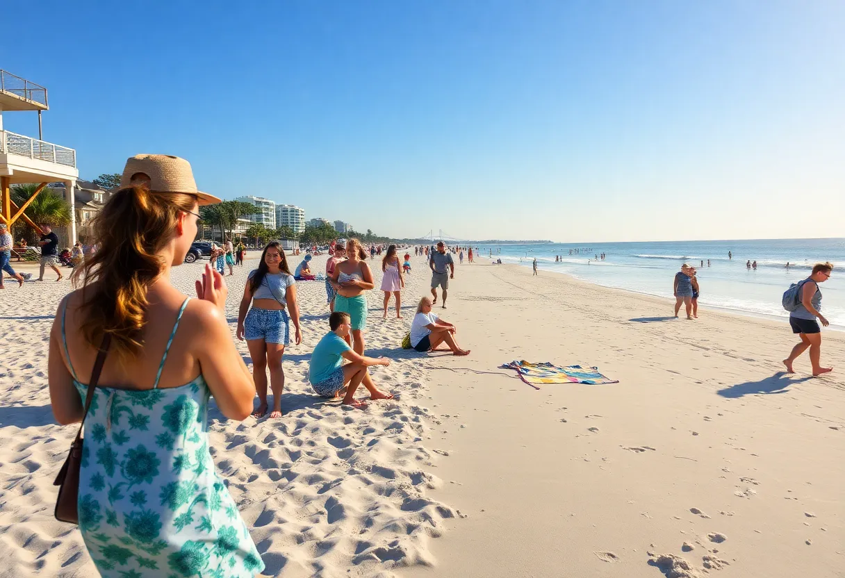 Beachgoers enjoying a sunny day on Hilton Head Island with visible safety measures