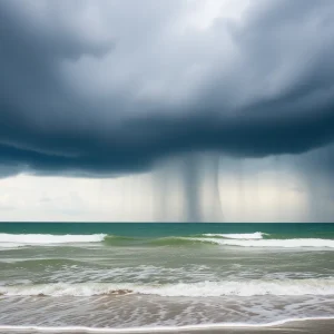 Beach view of Hilton Head with storm clouds forming overhead