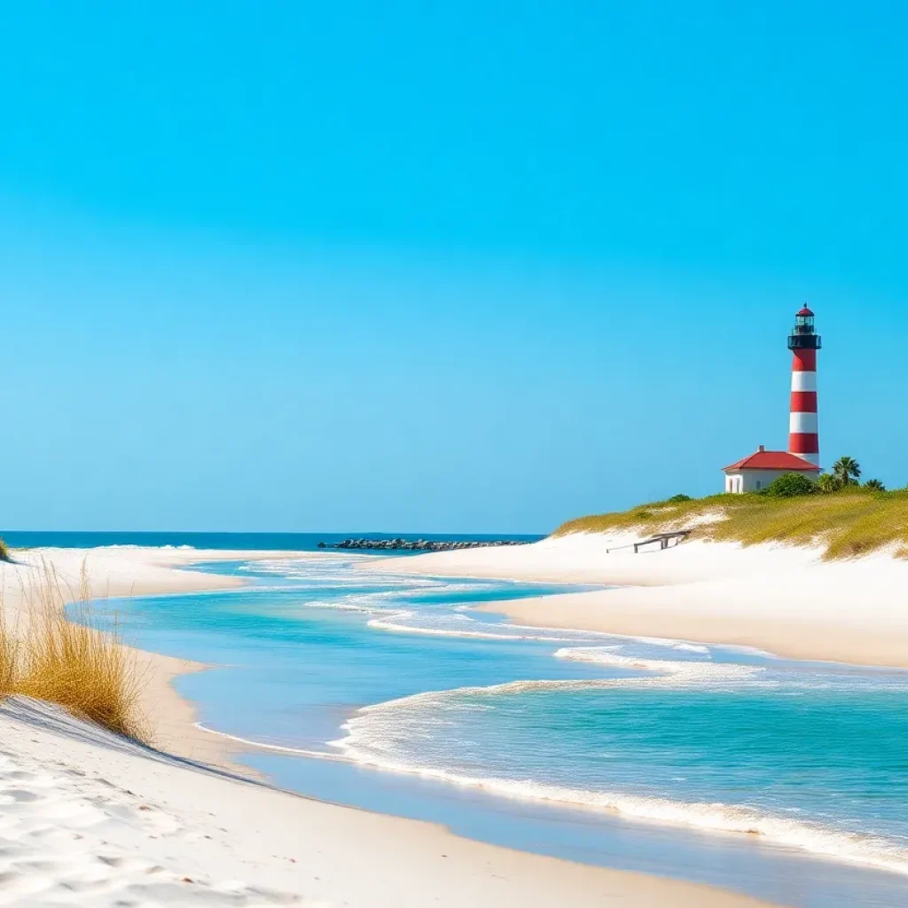 Scenic view of Hunting Island State Park with beach and lighthouse