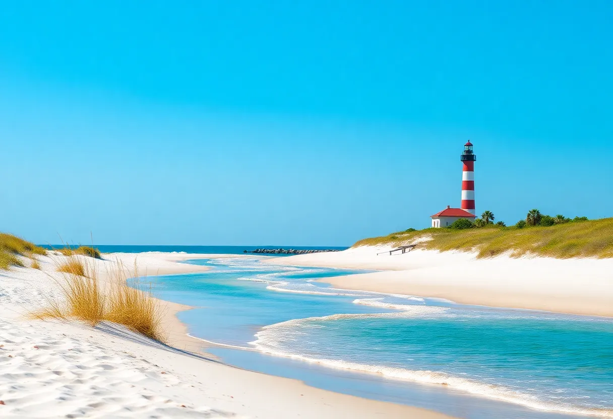 Scenic view of Hunting Island State Park with beach and lighthouse