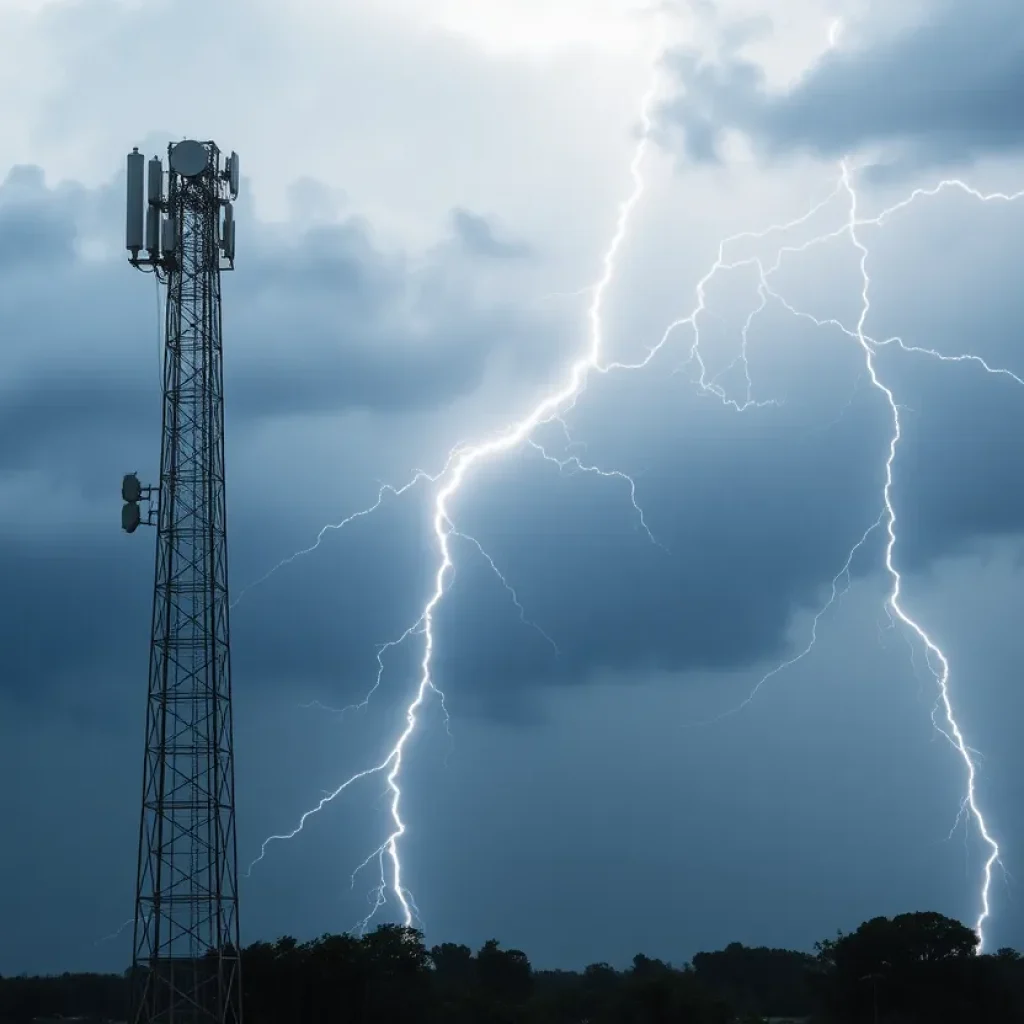 Severe lightning strike near telecommunications tower causing outages.
