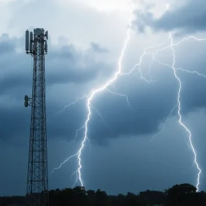 Severe lightning strike near telecommunications tower causing outages.