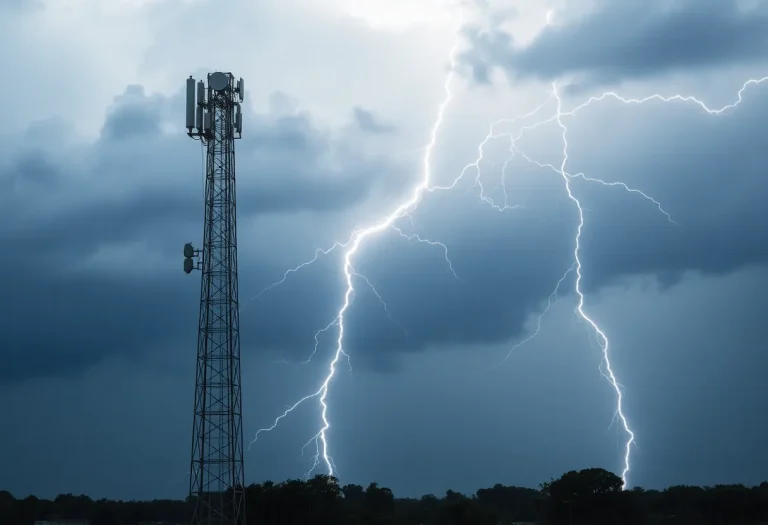 Severe lightning strike near telecommunications tower causing outages.