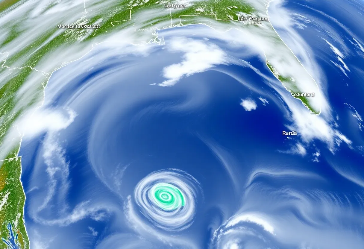 Satellite image of a low pressure system off the Southeast U.S. coast