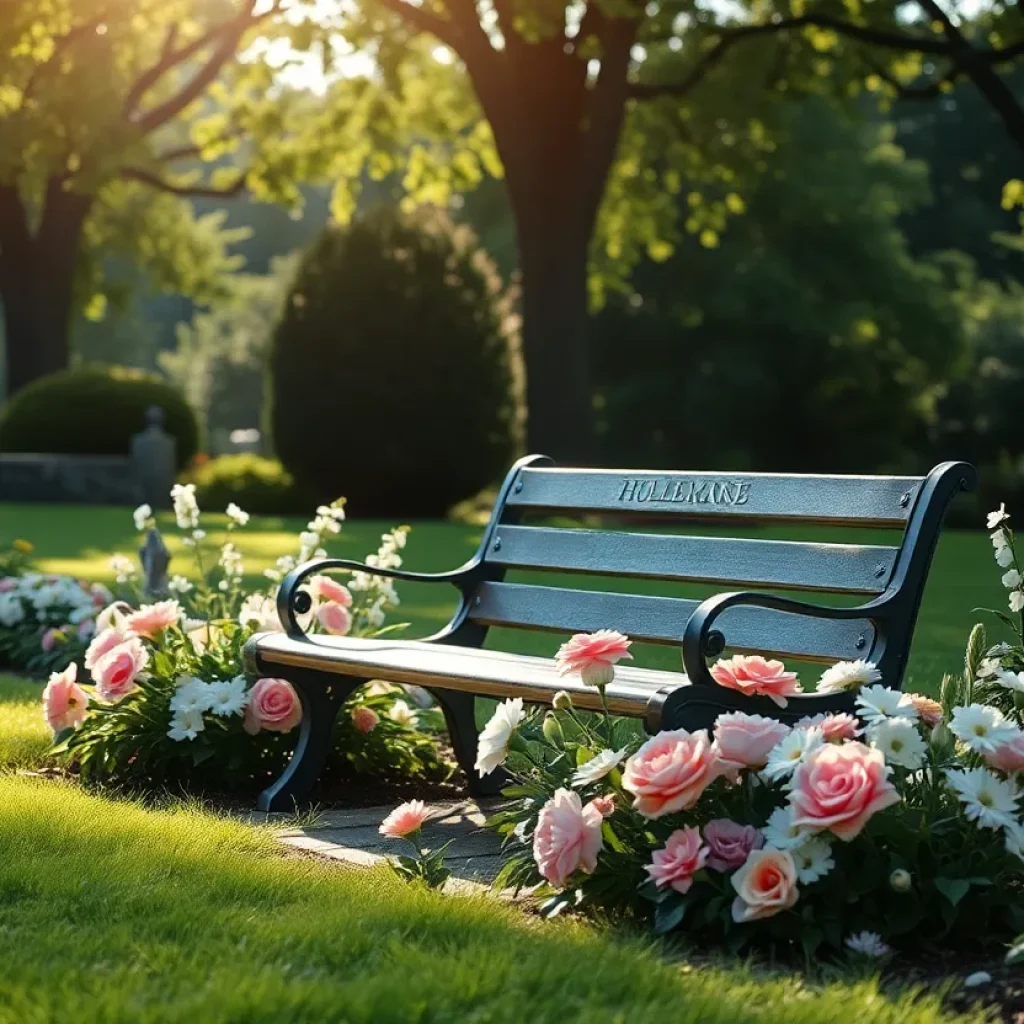 A serene garden memorial dedicated to Quincy Monroe Crater II