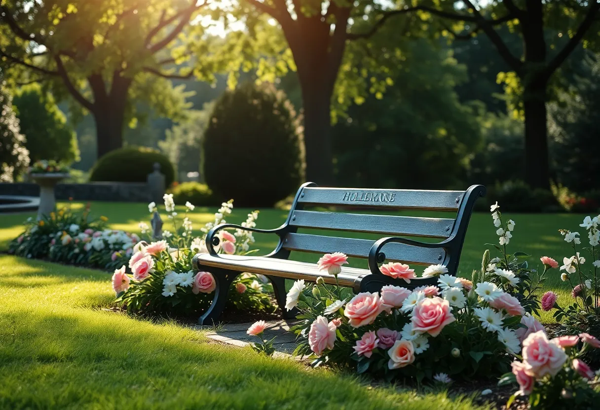 A serene garden memorial dedicated to Quincy Monroe Crater II