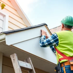Homeowner installing a roof gable with safety equipment