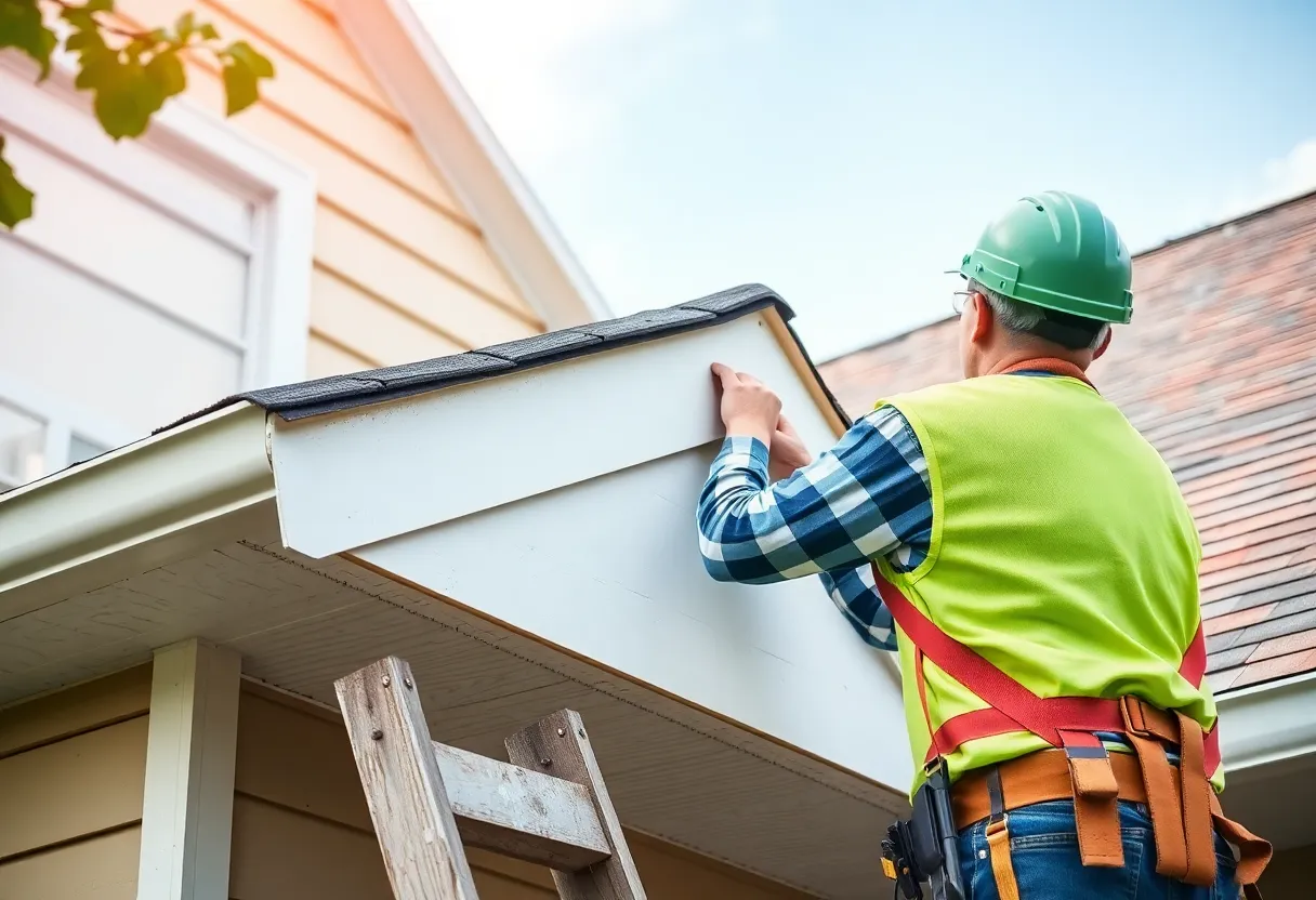 Homeowner installing a roof gable with safety equipment