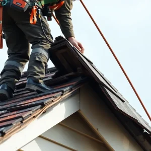 Person wearing safety gear while removing roofing materials on a house roof.