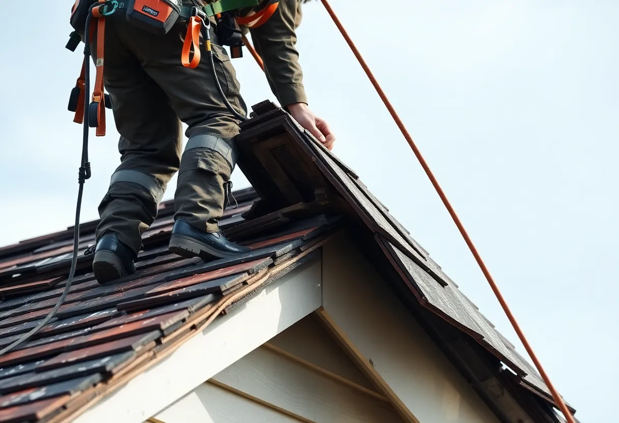 Person wearing safety gear while removing roofing materials on a house roof.