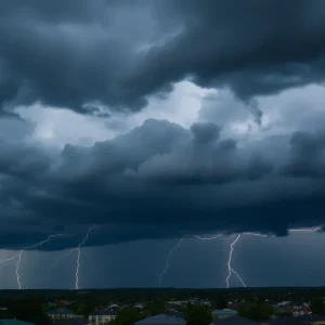 Dramatic storm clouds and lightning over a town