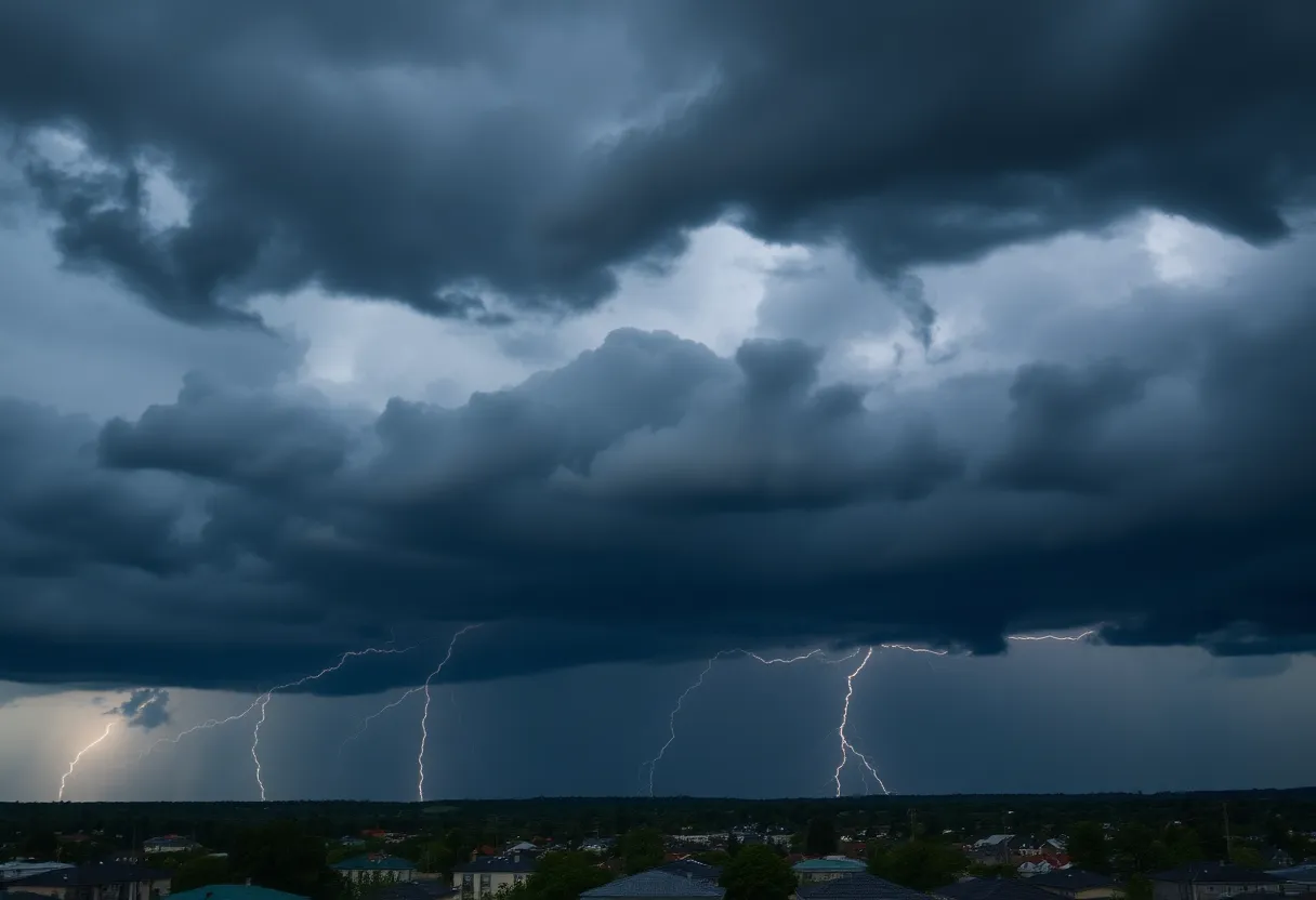 Dramatic storm clouds and lightning over a town