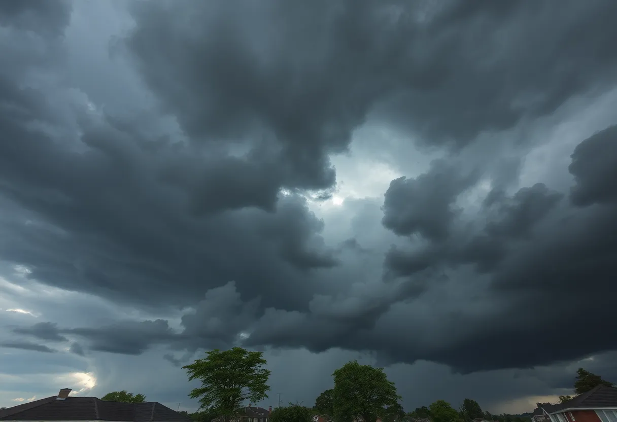 Dark storm clouds gathering over a suburban neighborhood