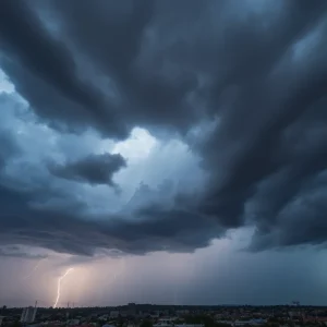 Dark storm clouds over Charleston signaling severe thunderstorm.