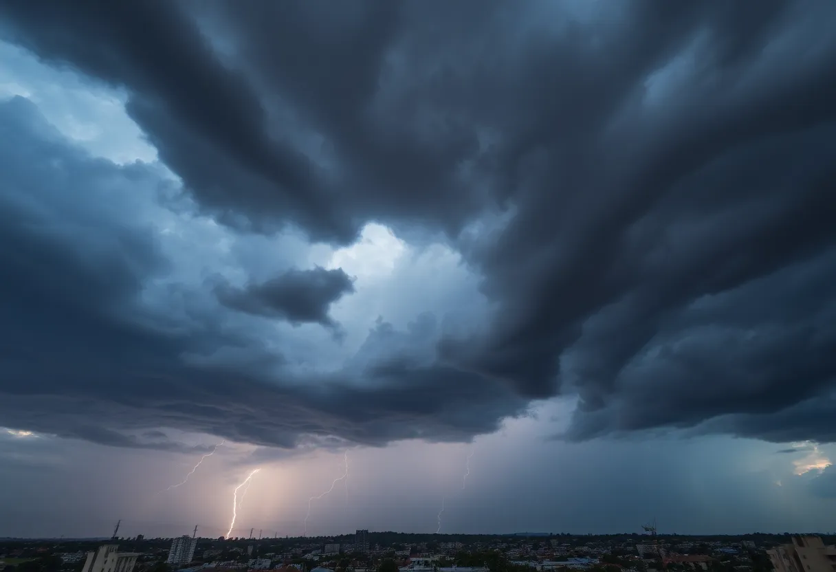 Dark storm clouds over Charleston signaling severe thunderstorm.