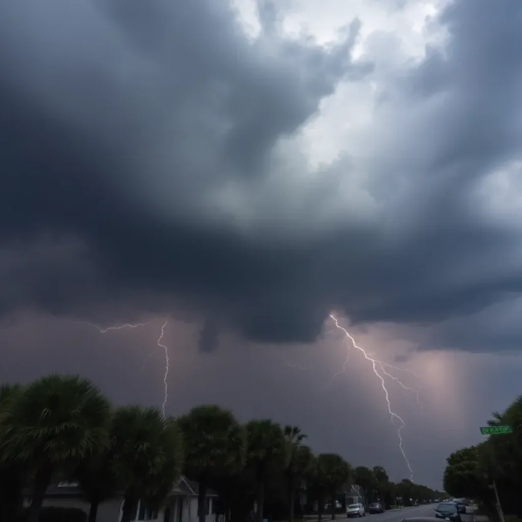 A severe thunderstorm cloud with lightning strikes over the Charleston area.