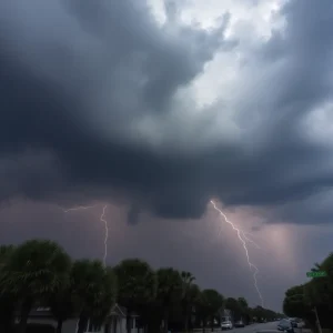 A severe thunderstorm cloud with lightning strikes over the Charleston area.