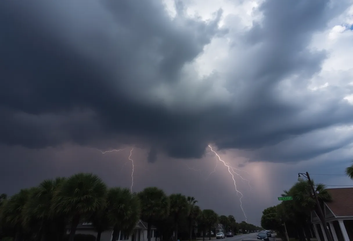 A severe thunderstorm cloud with lightning strikes over the Charleston area.