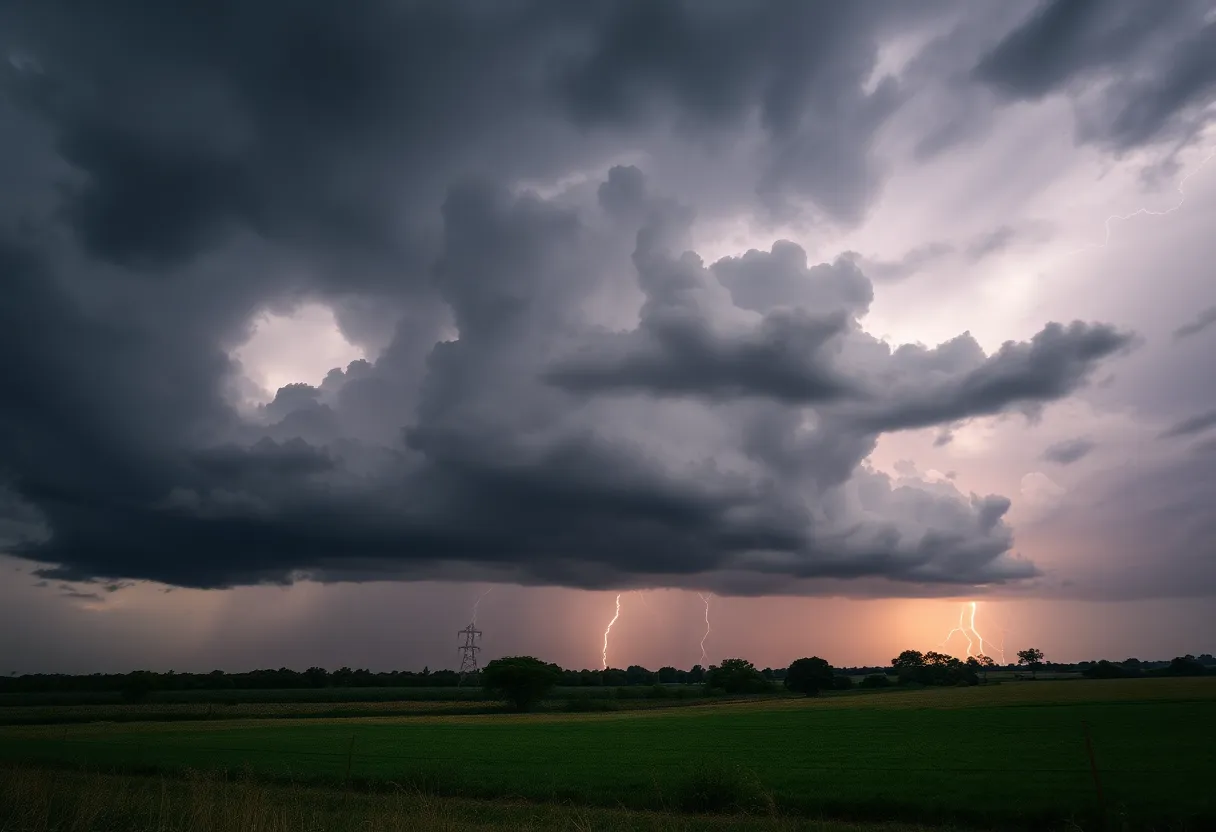 Dark clouds and lightning signaling an approaching thunderstorm.