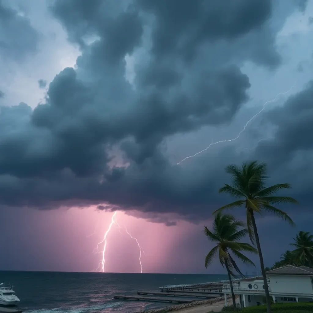 Dark thunderstorm clouds above a coastal landscape with lightning strikes.