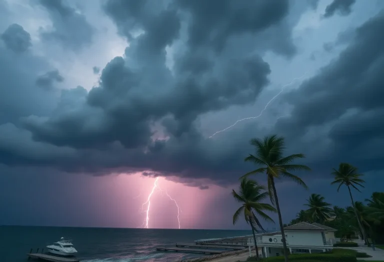 Dark thunderstorm clouds above a coastal landscape with lightning strikes.