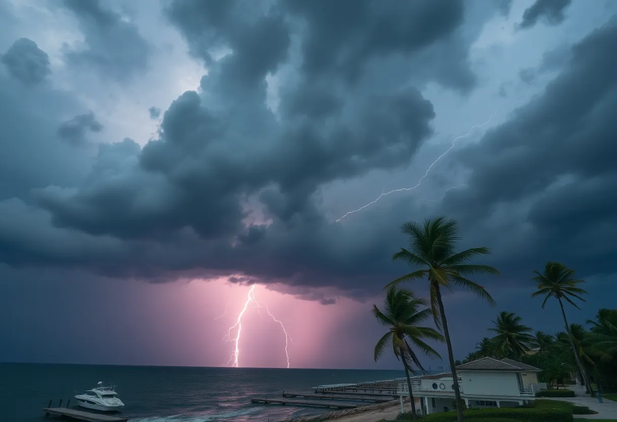 Dark thunderstorm clouds above a coastal landscape with lightning strikes.