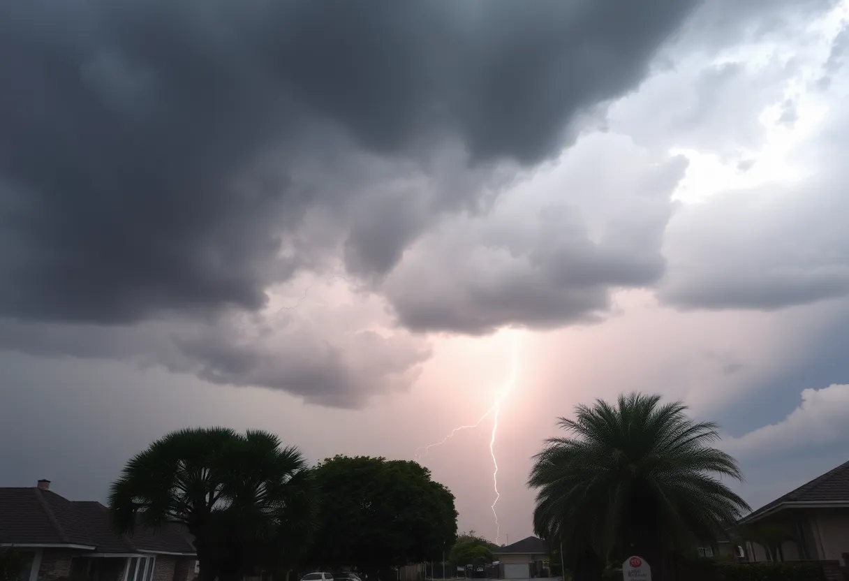 A stormy scene depicting a severe thunderstorm with dark clouds and strong winds.