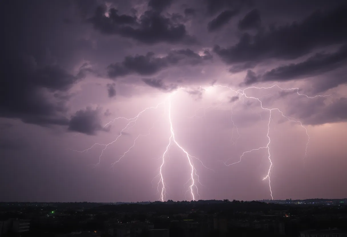 Dark storm clouds with lightning above Florence city