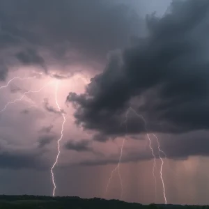 Dark storm clouds and lightning over Greenville and Spartanburg counties