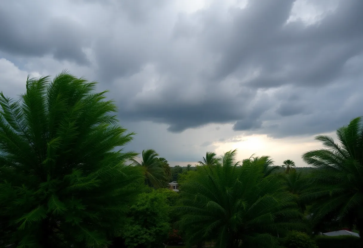 Dark storm clouds gathered over Greenville, indicating severe weather conditions.