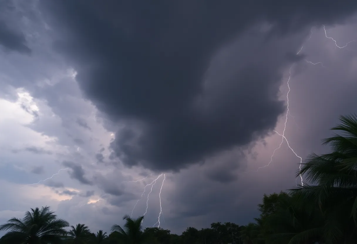 Dark storm clouds with lightning displaying severe thunderstorm conditions in Marlboro County.